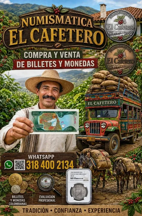Afiche de Numismática El Cafetero: el dueño muestra un billete de 200 pesos junto a una chiva cargada de café.