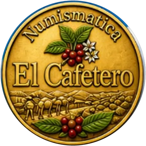 Moneda dorada con el logo de Numismática El Cafetero.
