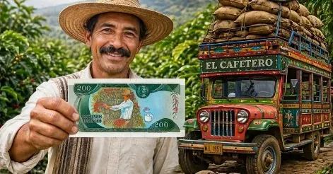 Chiva cafetera cargada de bultos de café y un caficultor sonriente que muestra un billete colombiano de 200 pesos.